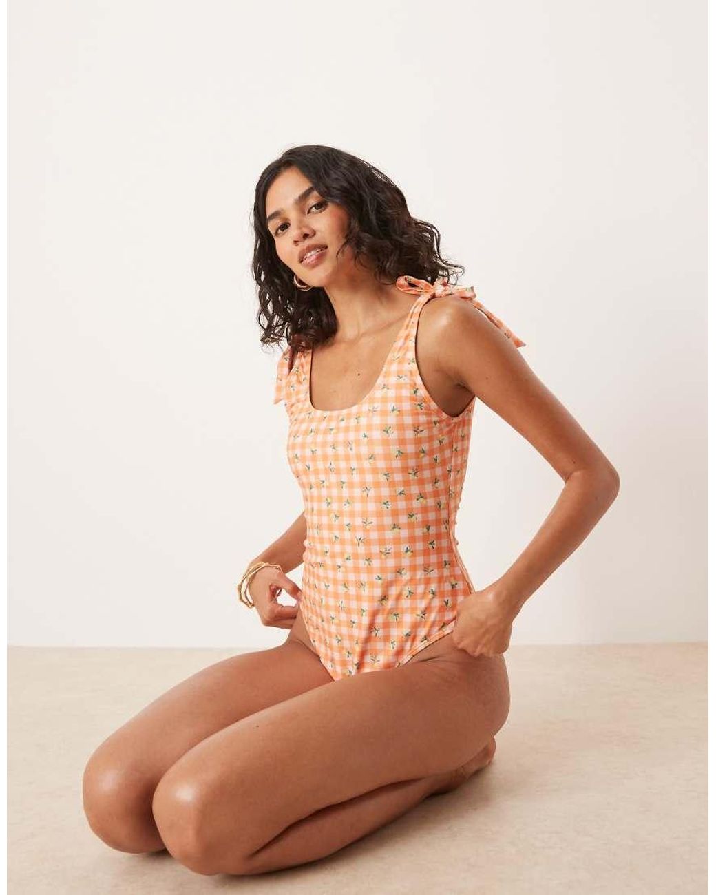 Brave Soul Orange Gingham Scoop Neck Swimsuit