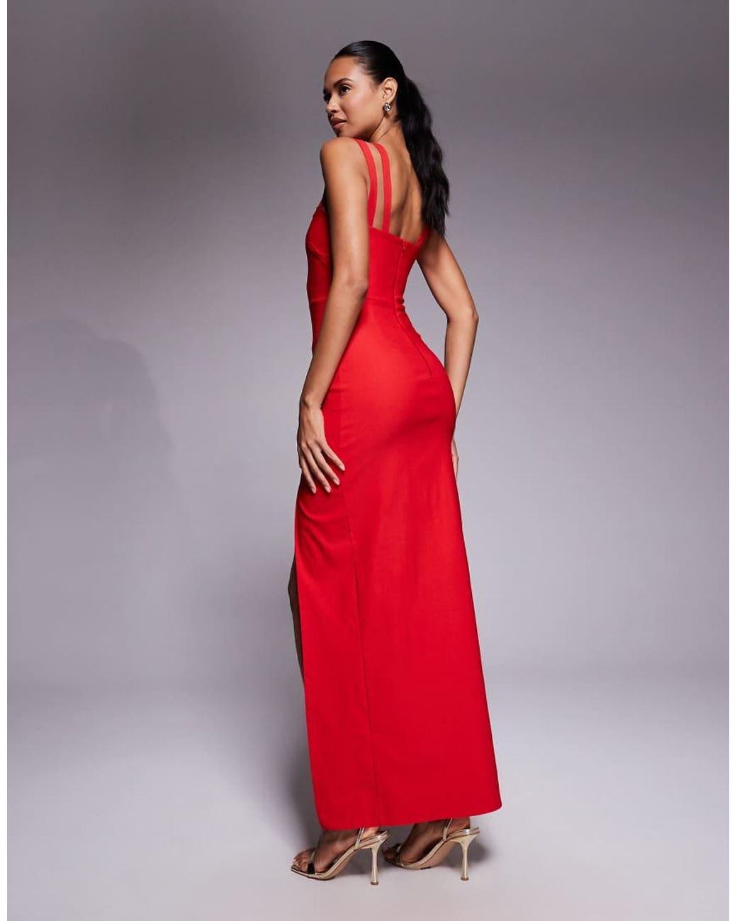 Vesper Red Bengaline Strappy Sweetheart Neck Maxi Dress