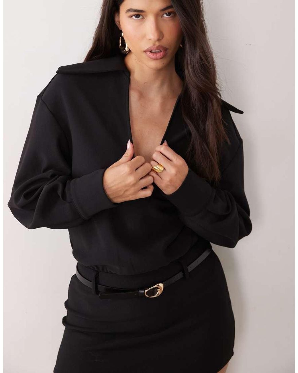 Noughts & Kisses Black Plunge Neck Collared Balloon Sleeve Gold-tone Belted Mini Dress