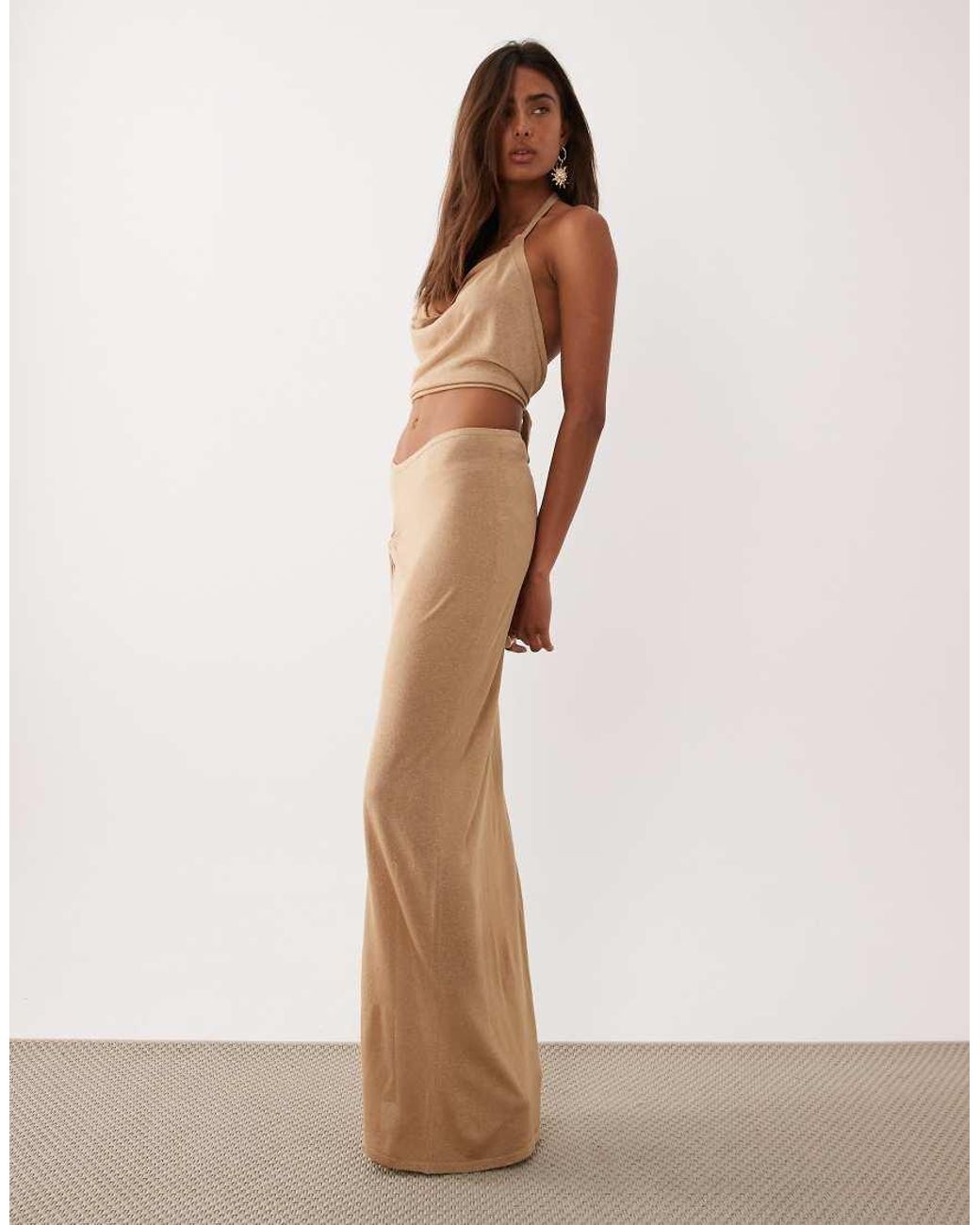 Miss Selfridge Natural Glitter Knit Twist Detail Maxi Skirt