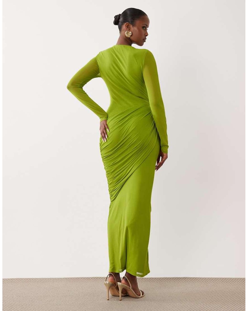 ASOS Green Mesh Deep Plunge Long Sleeve Dress With Draping
