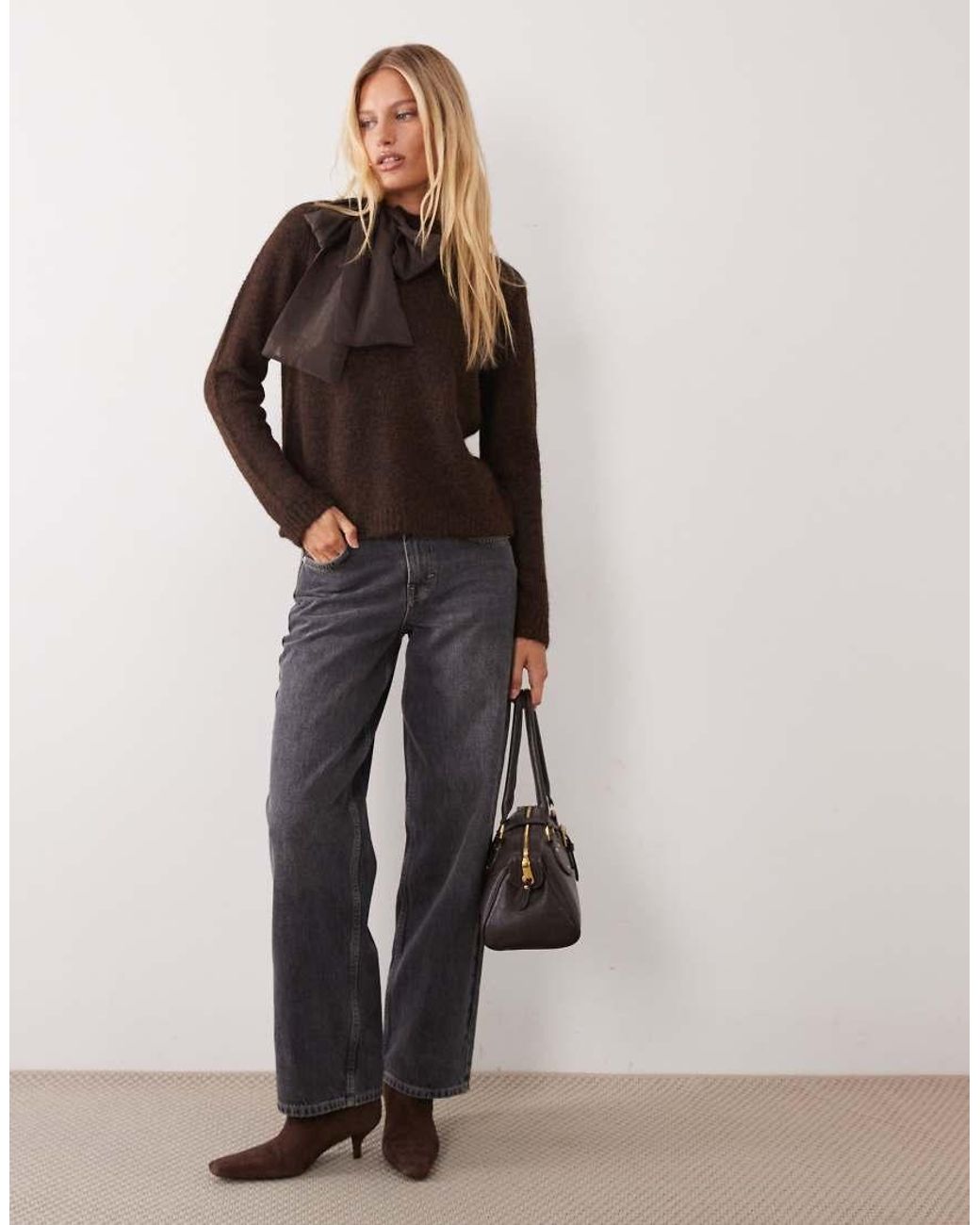 Vila Brown Organza Bow High Neck Knitted Jumper