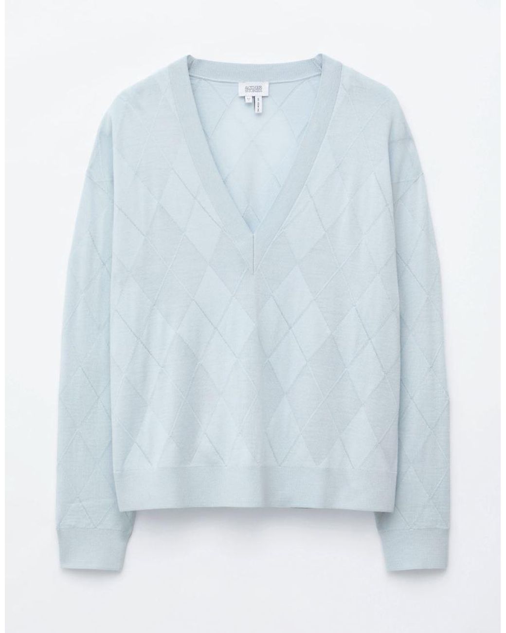 & Other Stories White Pure Merino Wool Deep V-neck Argyle Jumper