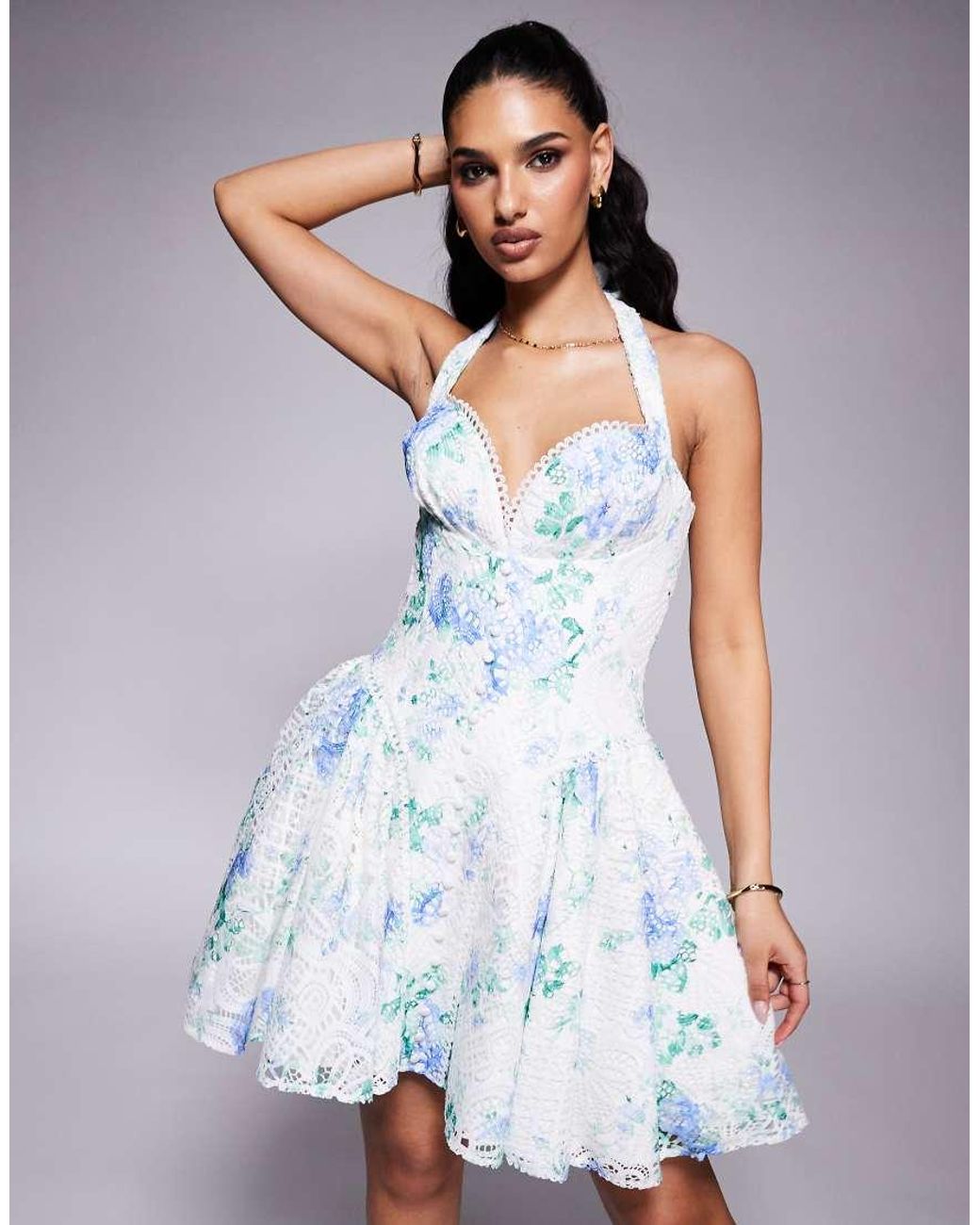lavish alice corset mini dress Lavish Alice corset puff mini dress in printed brodiery