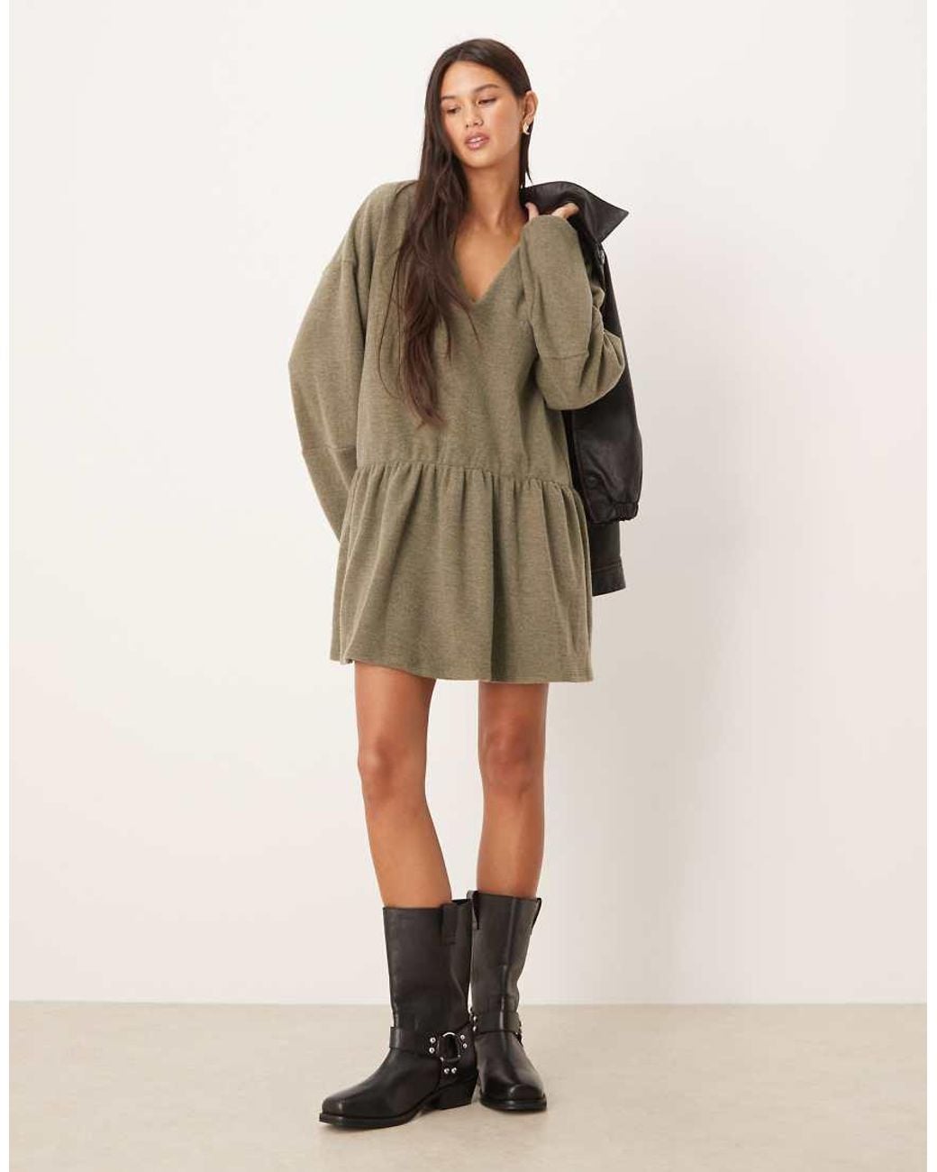 ASOS Green Supersoft V Front Dropped Waist Mini Dress