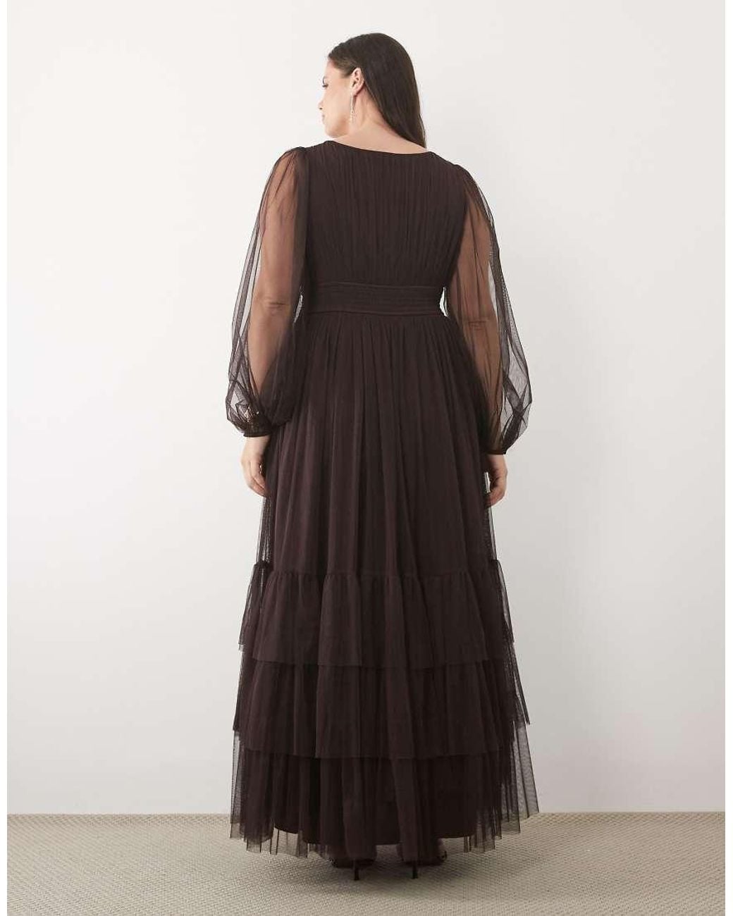 Lace & Beads Plus Brown Bridesmaid Tulle Sheer Sleeve Plunge Neck Tiered Maxi Dress