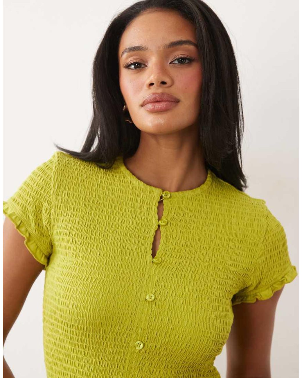 ASOS Yellow Cotton Shirred Button Down Short Sleeve Top
