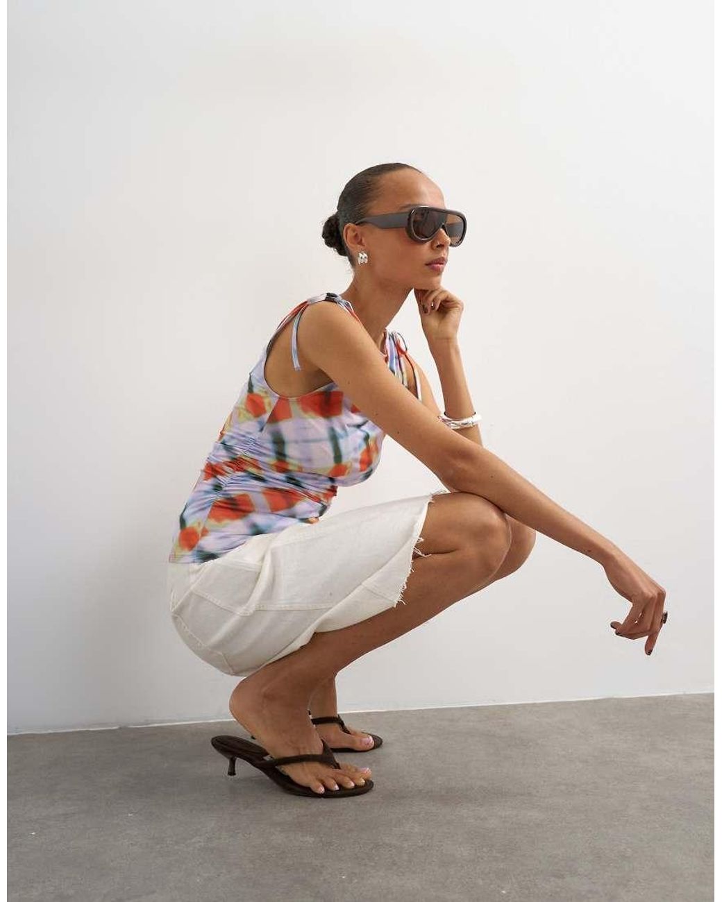 TOPSHOP White Blurred Check Print Microfibre Ruched Shoulder Tank