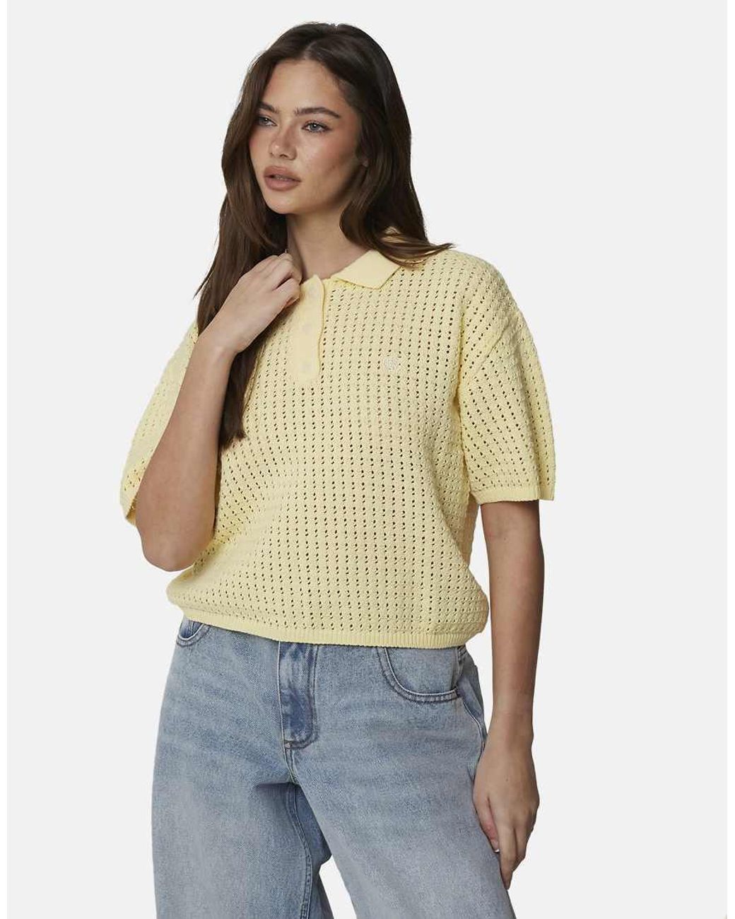 Good For Nothing Natural Cropped Pointelle Knit Polo Shirt