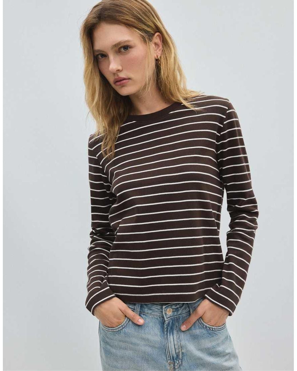 Stradivarius Gray Long Sleeve Striped T-shirt