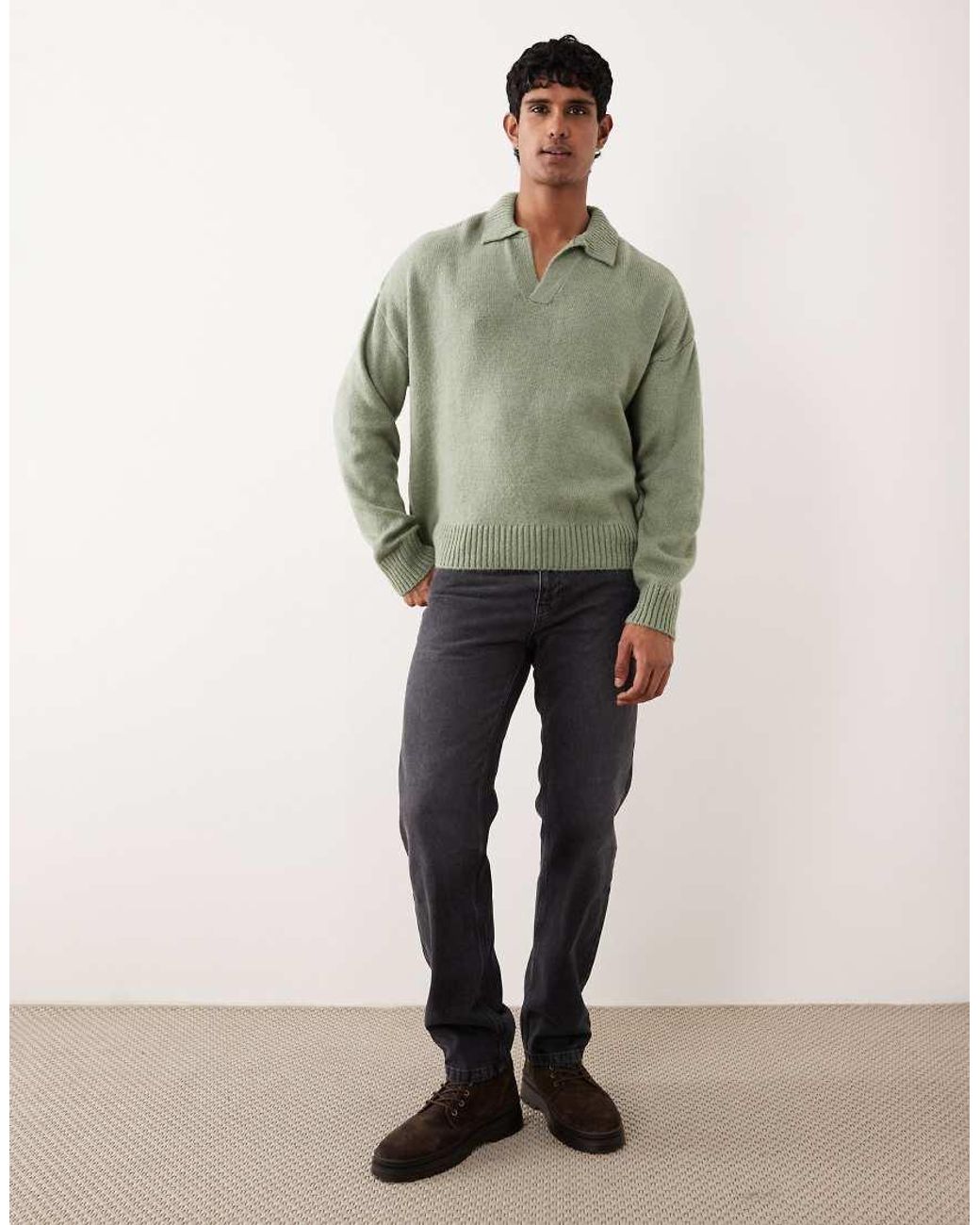 ASOS Green Super Oversized Boxy Fit Knitted Notch Neck Polo for men