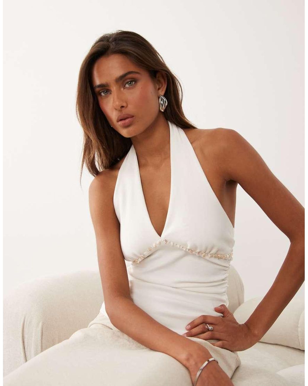 ASOS White Compact Cotton Ruched Halter Neck Top With Bead Detail