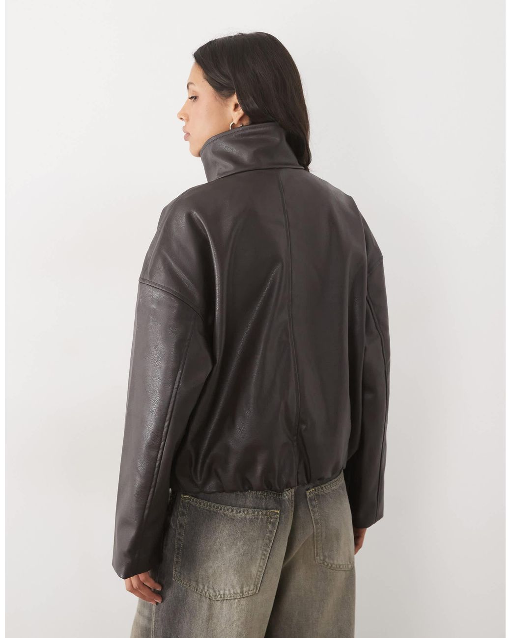 Object Gray Leather Look Funnel Neck Jacket