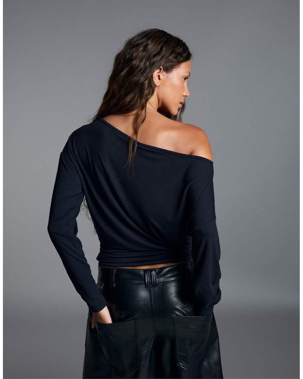 Bershka Blue Asymmetric Neck Long-Sleeved T-Shirt