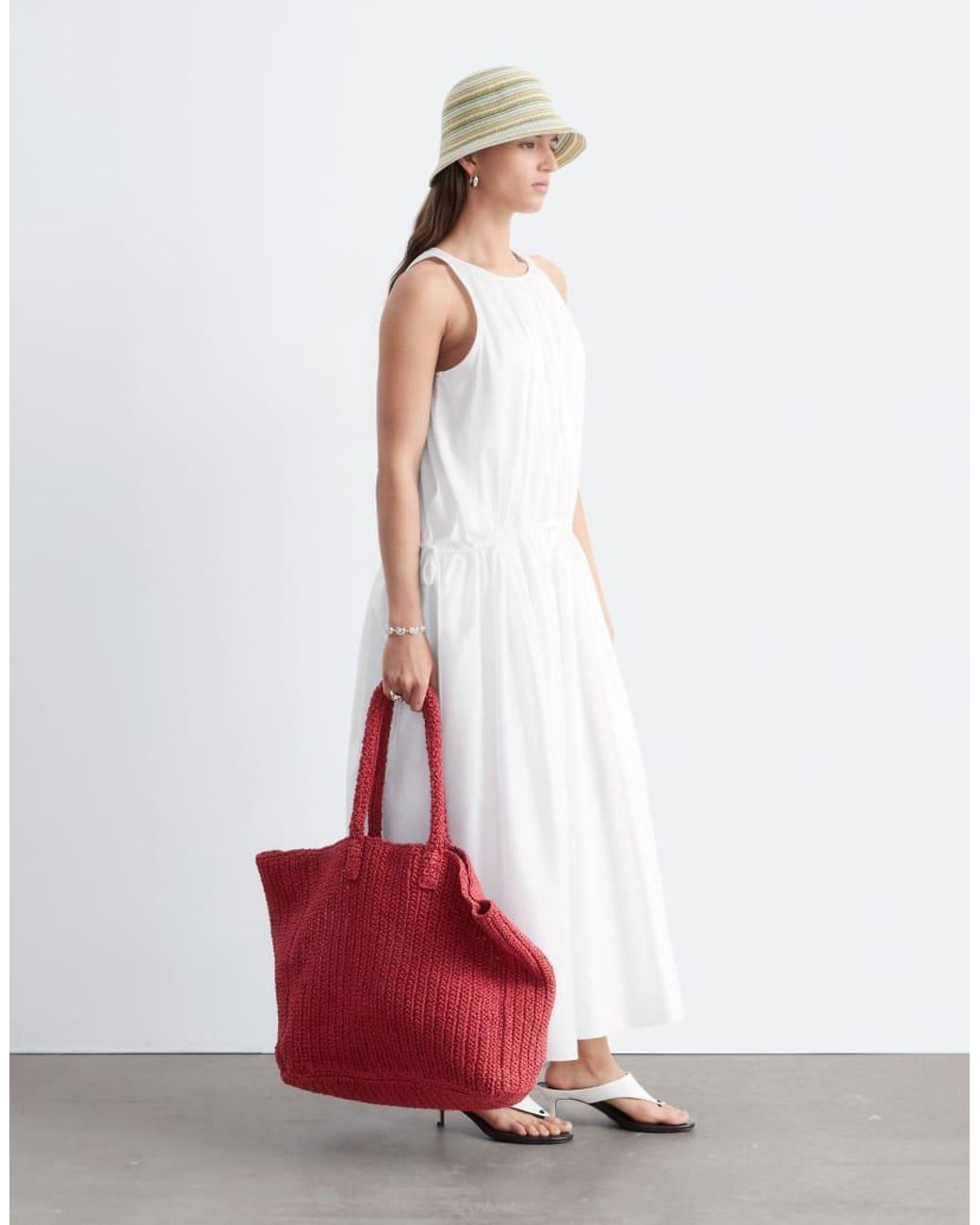& Other Stories White Pure Cotton Trapeze Midaxi Dress With Dropped Waist