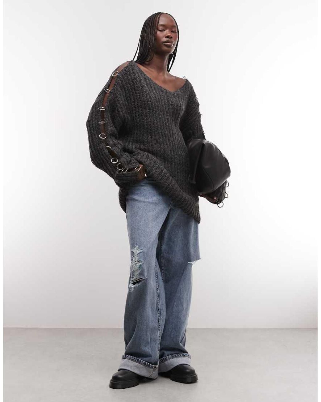 The Ragged Priest Gray Fluffy Oversized Knit Jumper With O Ring Detail