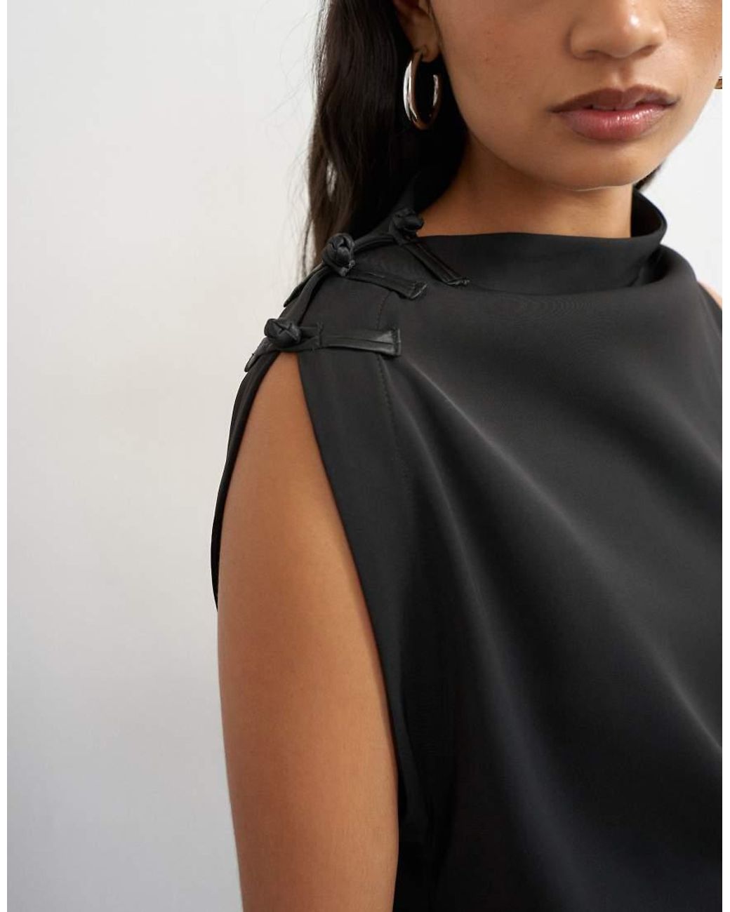 TOPSHOP Black Heavy Crepe Asymmetric Mini Dress With Satin Shoulder Clasps