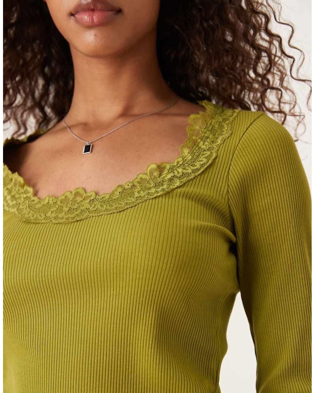 ASOS Green Ribbed Round Neck Long Sleeve Top With Lace Trim In