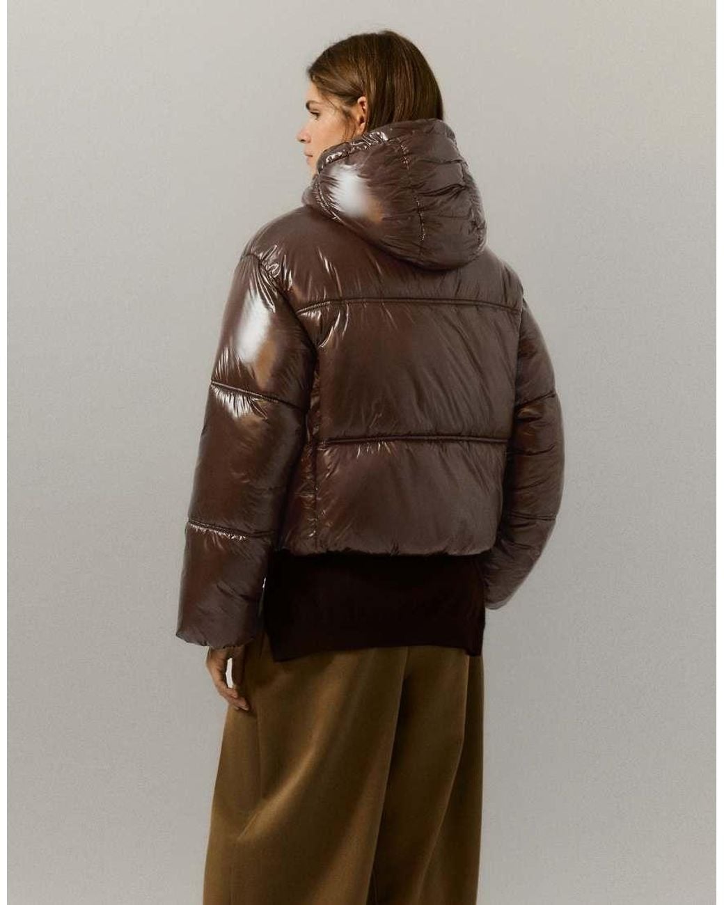 Pull&Bear Brown Cropped Puffer Jacket With Hood