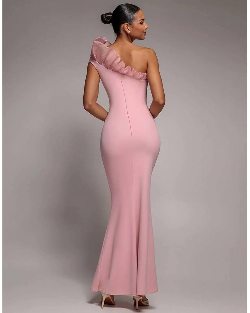 Goddiva Pink One Shoulder Organza Frill Pleated Mermaid Maxi Dress