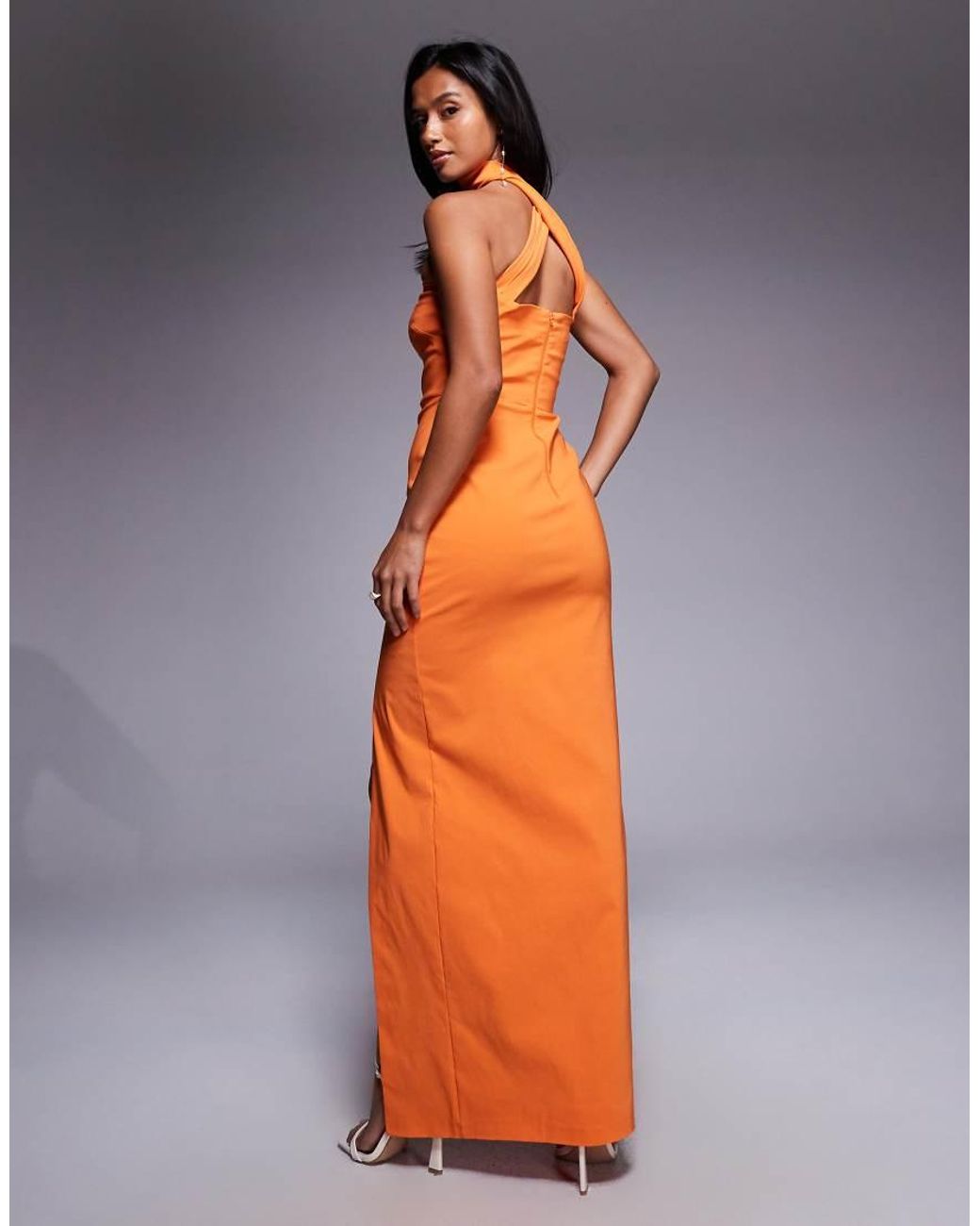 Vesper Petite Orange Bengaline Choker Neck Detail Bandeau Side Split Maxi Dress