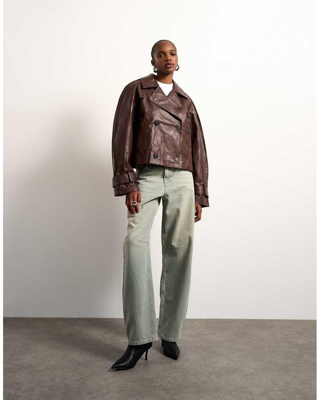 TOPSHOP Brown Faux Leather Ovoid Sleeve Short Trench