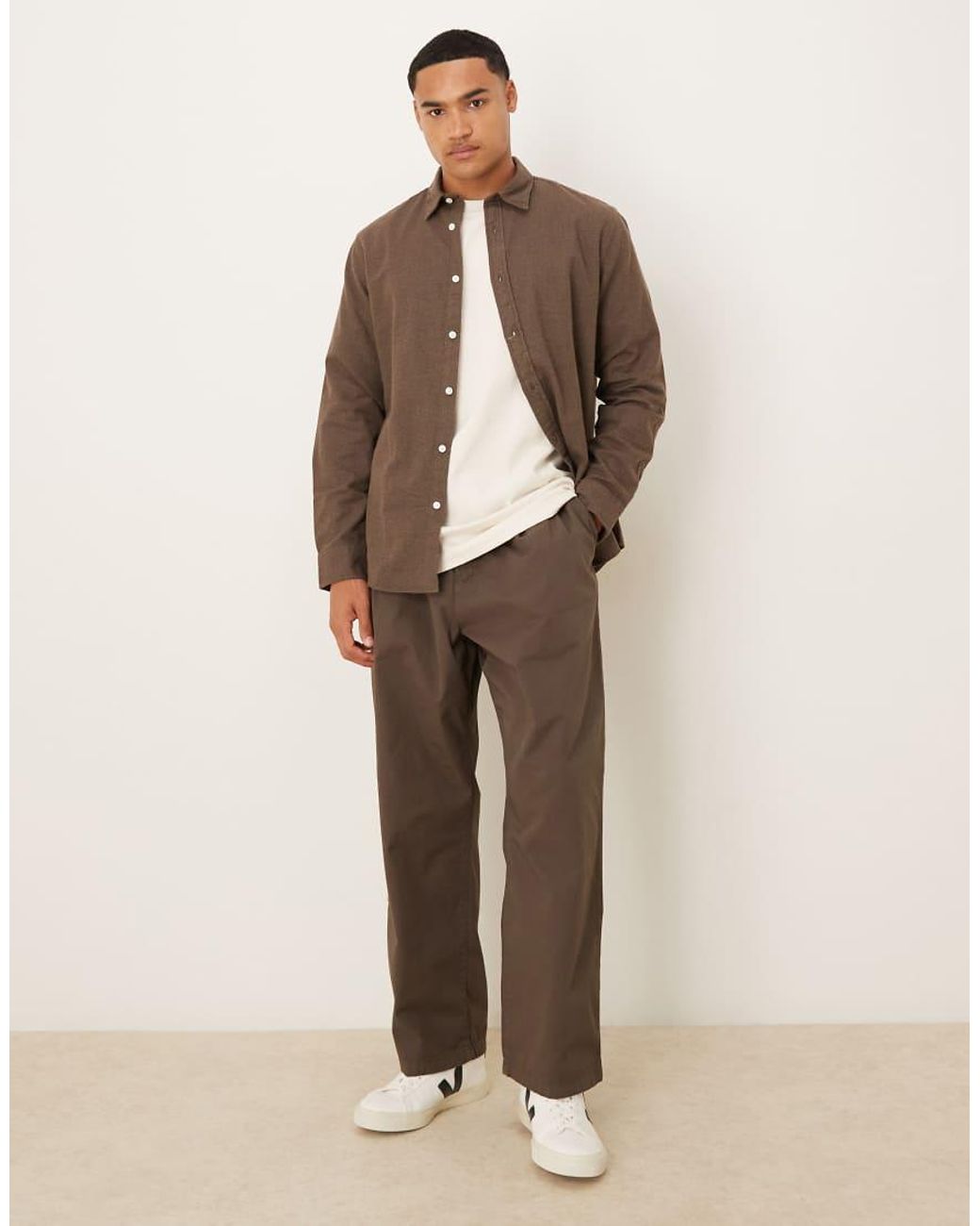 SELECTED Brown 100% Cotton Oversized Boxy Brushed Shirt for men
