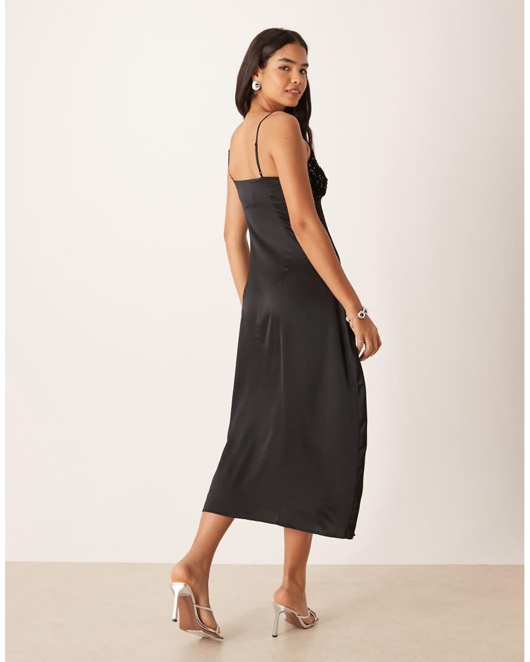 Vila Natural Satin Midi Dress With Sequin Bust