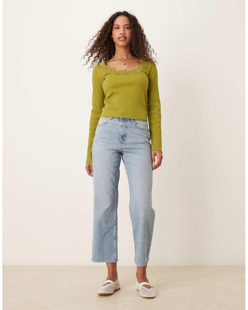 ASOS Green Ribbed Round Neck Long Sleeve Top With Lace Trim In