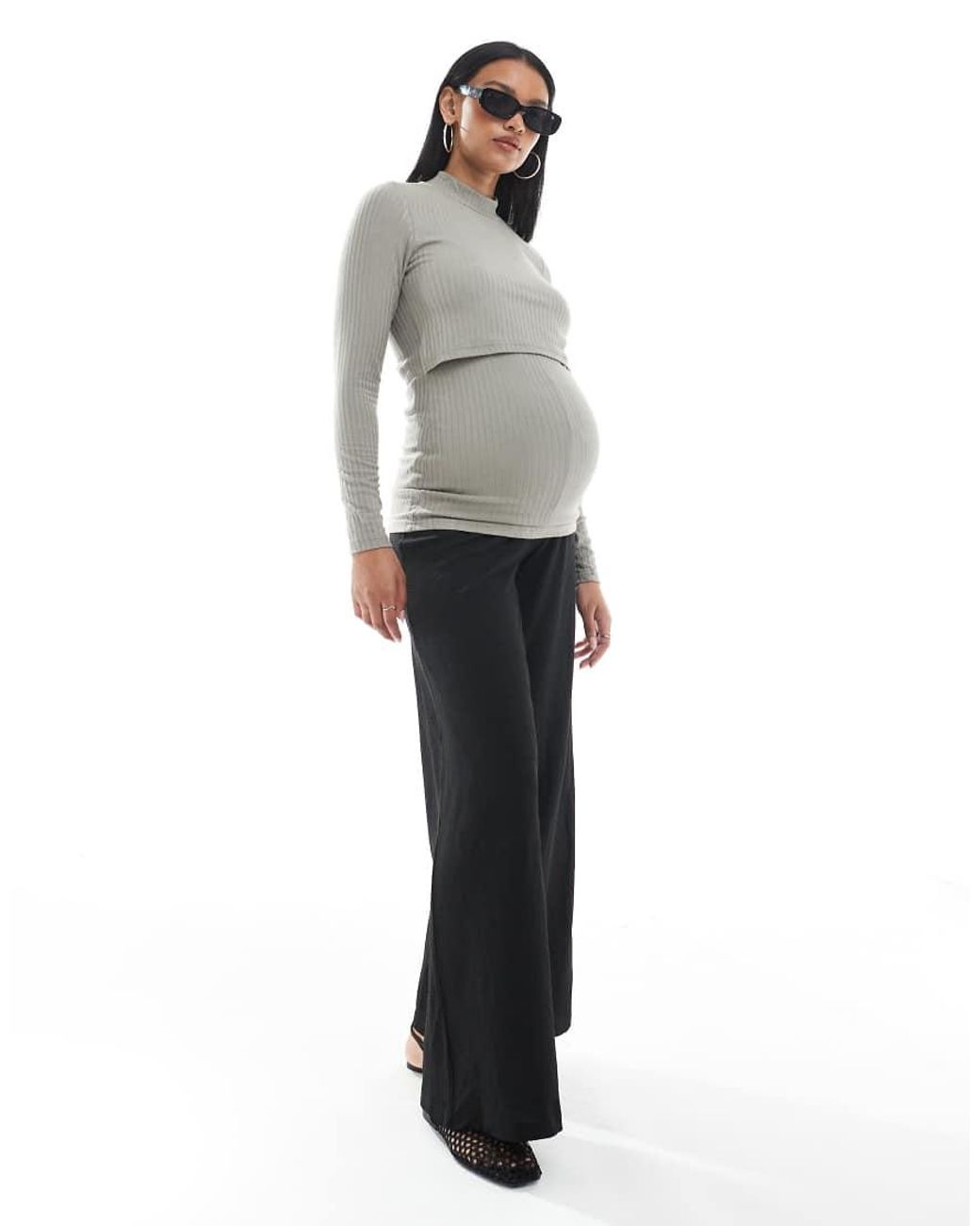 Mama.licious Gray Mamalicious Maternity Jersey Rip Funnel Neck Top With Hidden Nursing Overlay