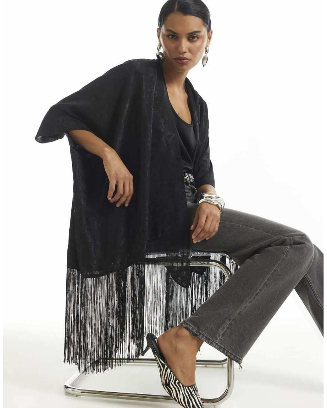 River Island Black Jacquard Tassel Trim Kimono