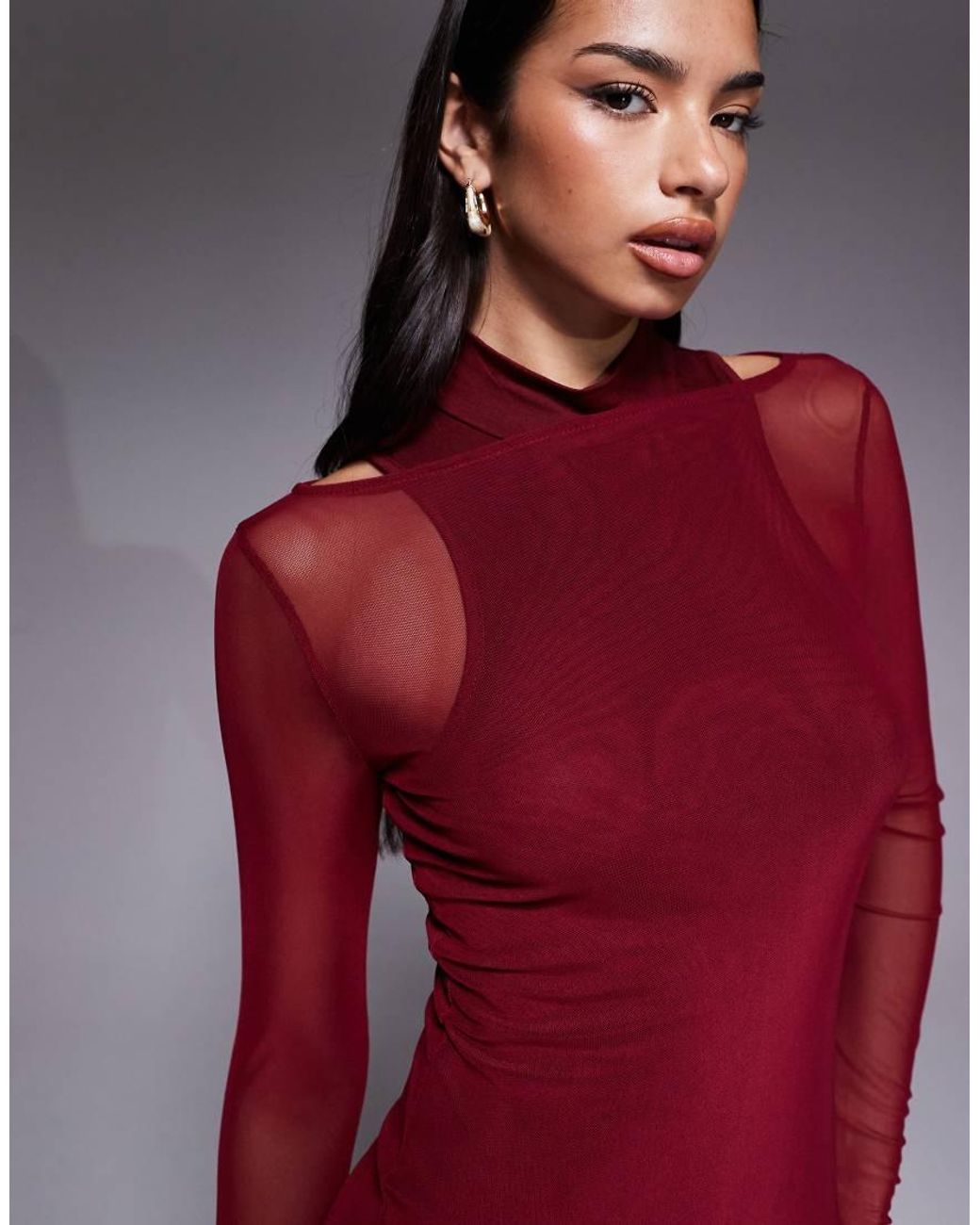ASOS Red Mesh High Neck Double Layer Maxi Dress