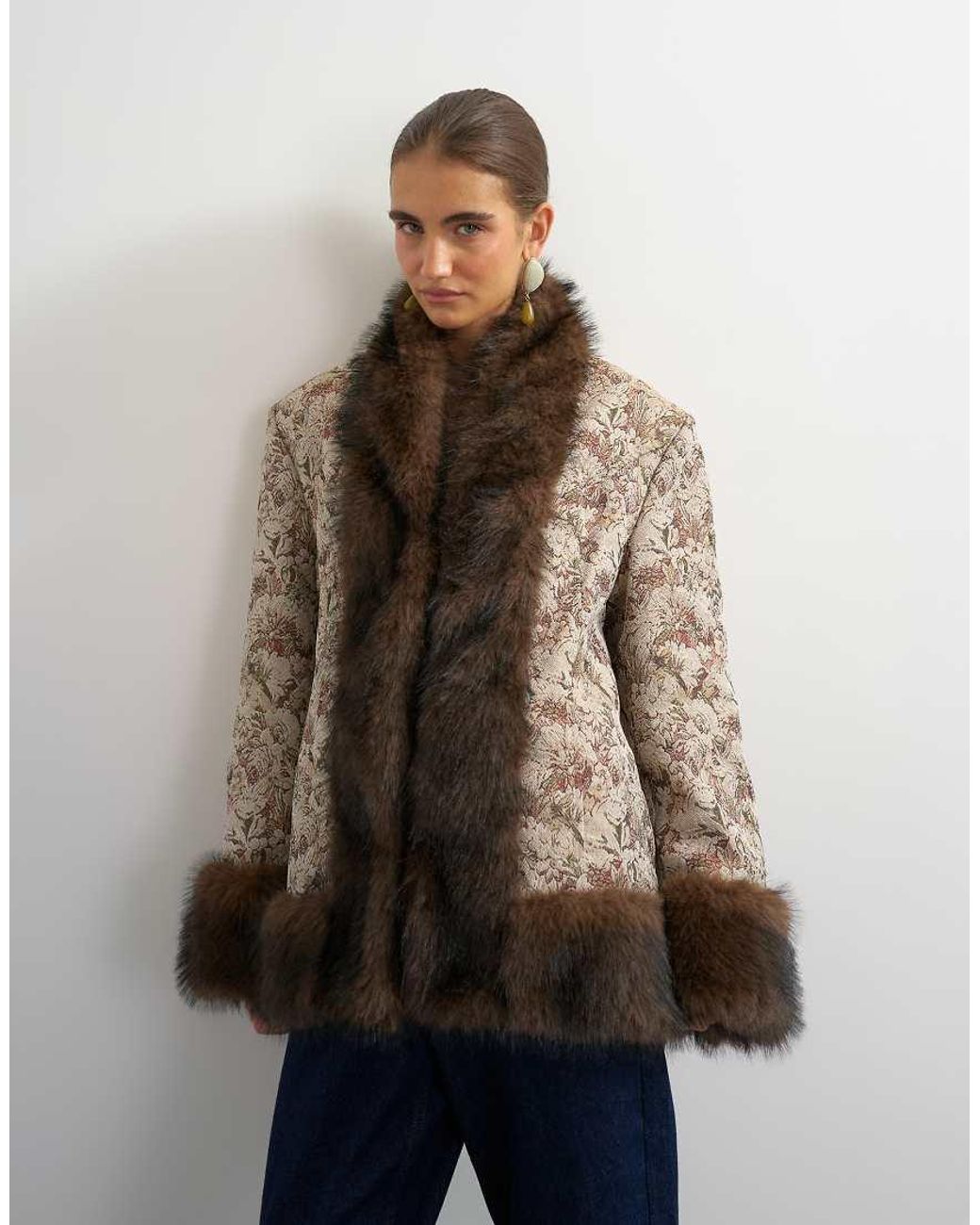 TOPSHOP Blue Jacquard Jacket With Faux Fur Trim