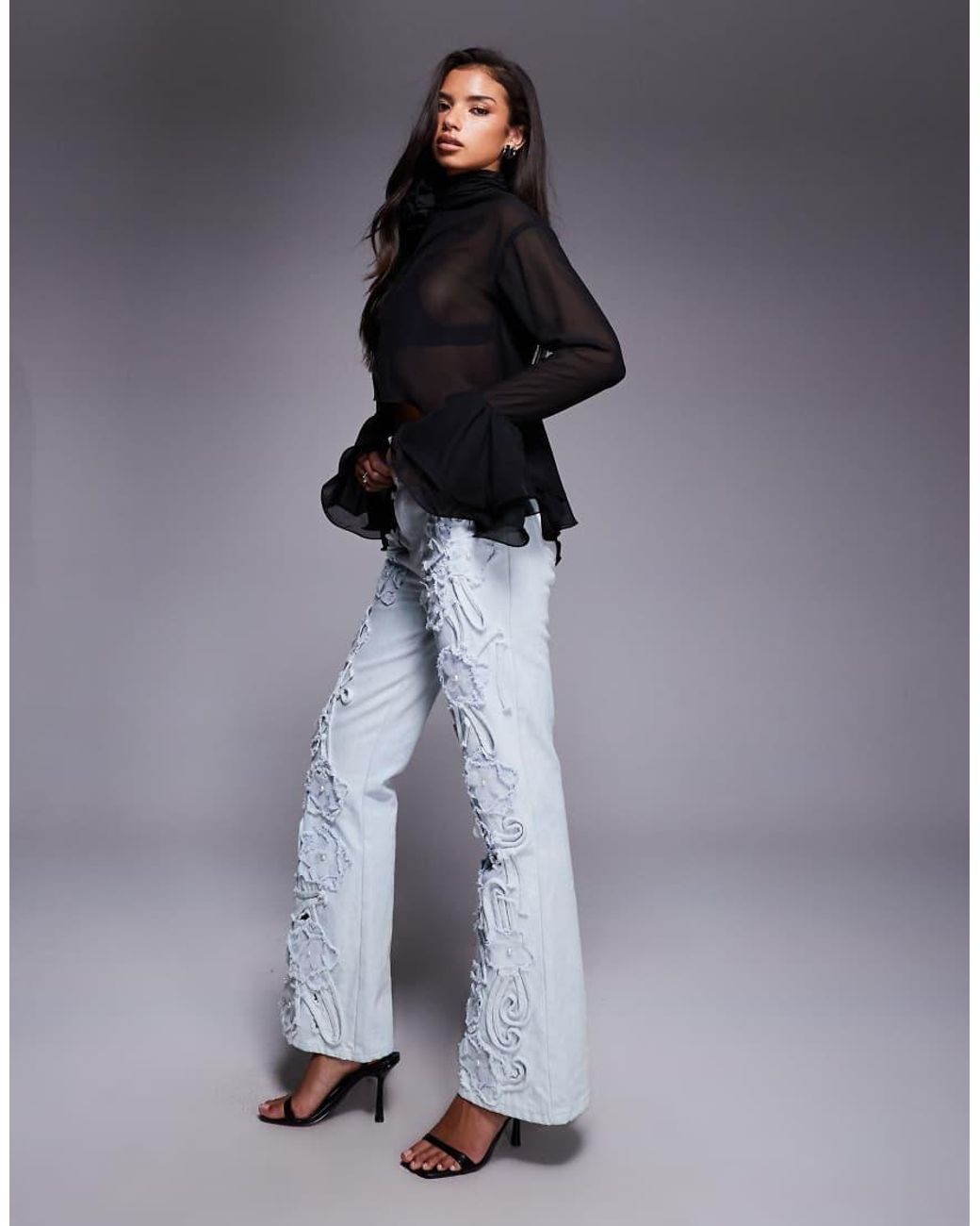 ASOS Blue Denim Pearl Embellished Cornellli Jeans With Organza Flowers