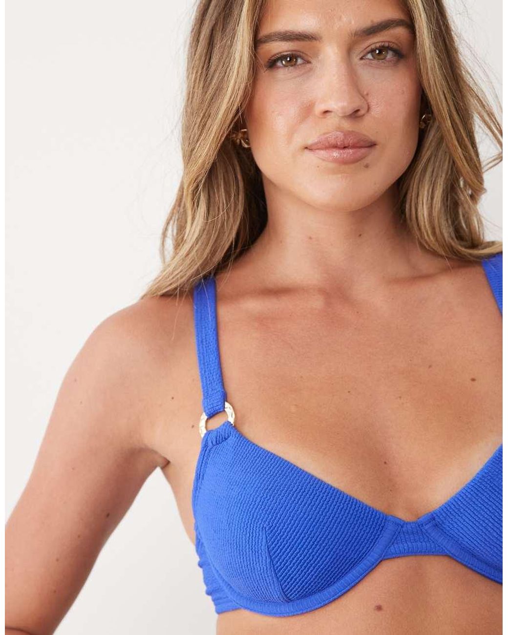 New Look Blue Crinkle Ring Detail Bikini Top