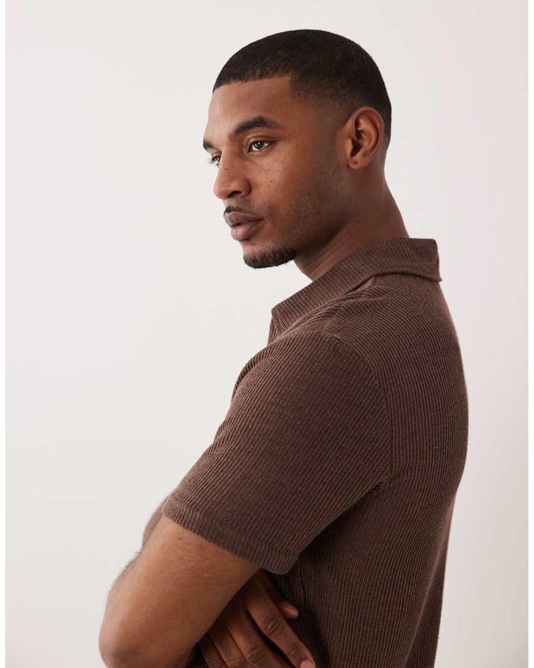 Only & Sons Brown Short Sleeve Split Neck Polo for men