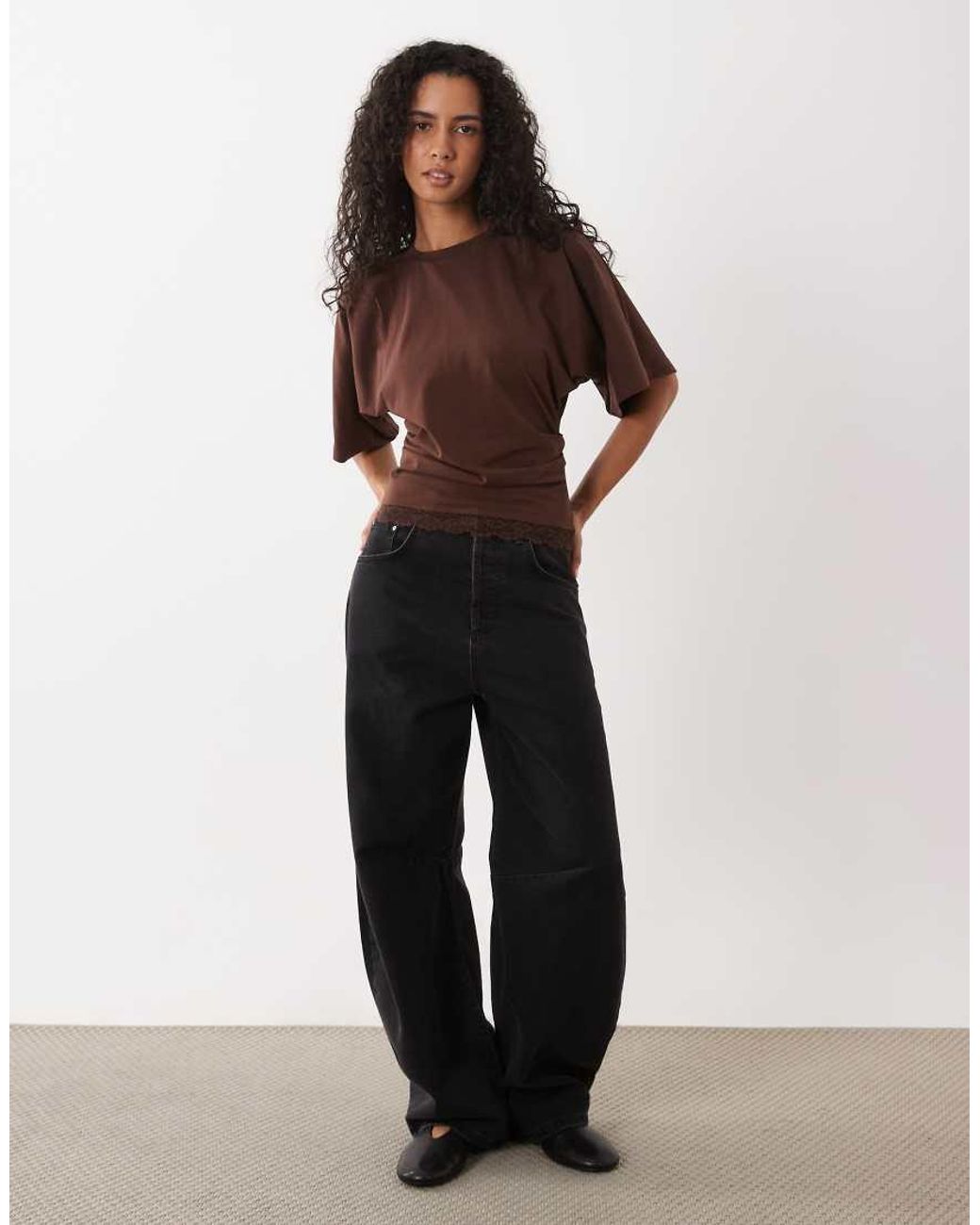 ASOS Brown Cinched Waist Draped Lace Trim Long Sleeve T-Shirt