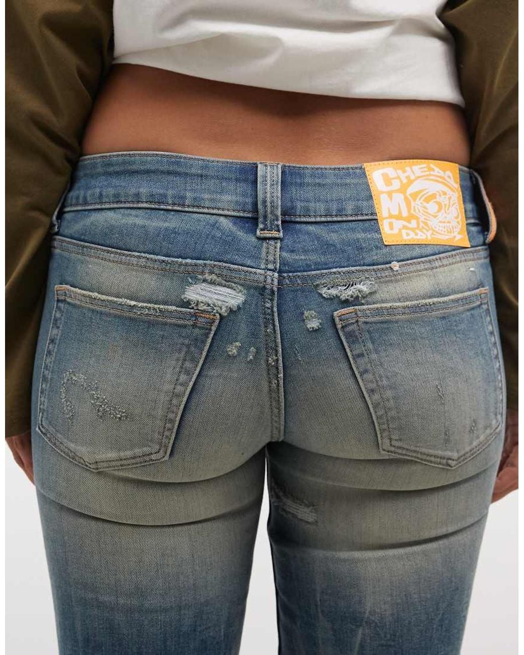 Cheap Monday Blue Booty Bei Stretch Low Rise Bootcut Jeans With Distressed Details