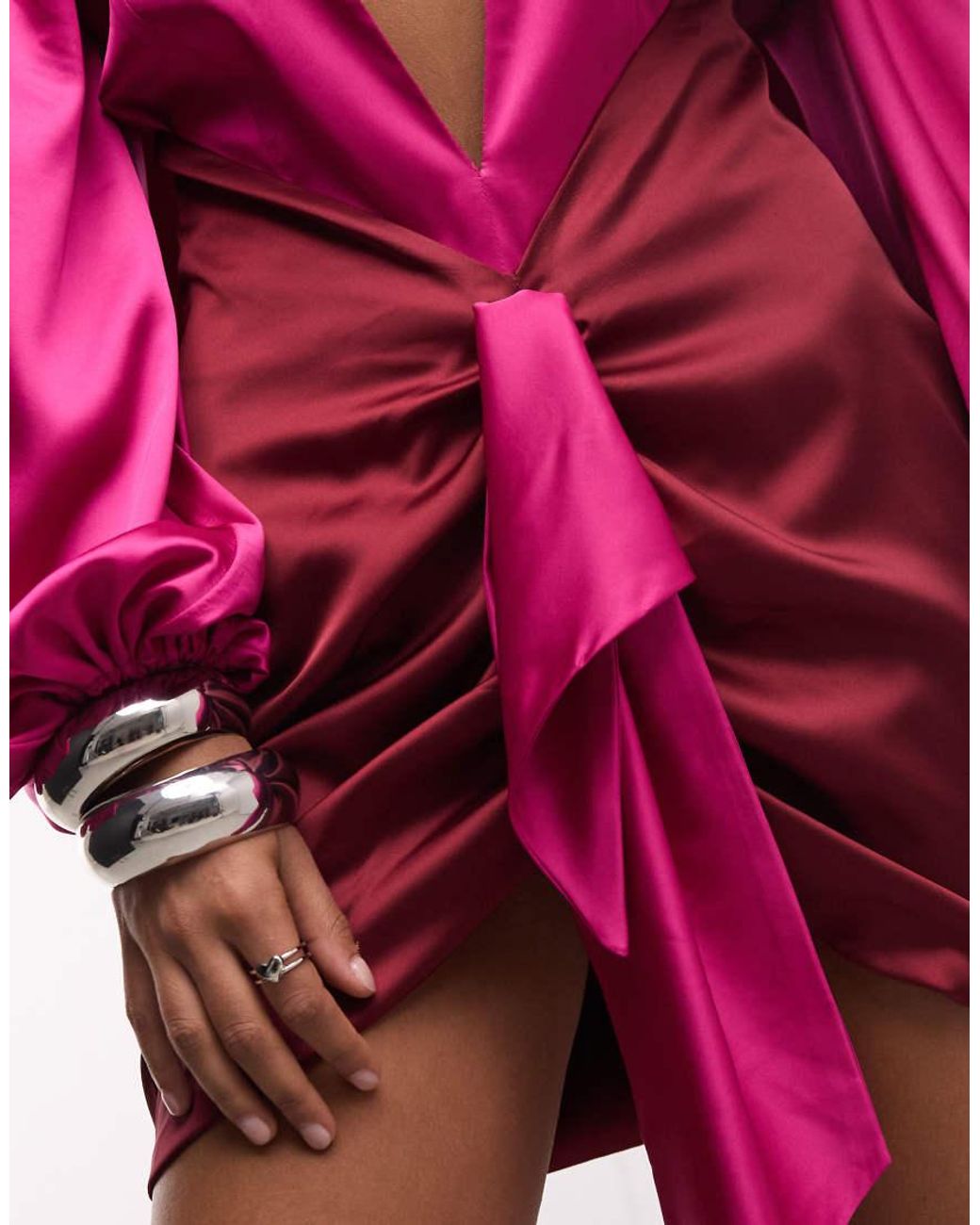 The Dolls House Pink Beaudelle Premium Satin Deep Plunge Neck Balloon Sleeve Ruched Mini Dress