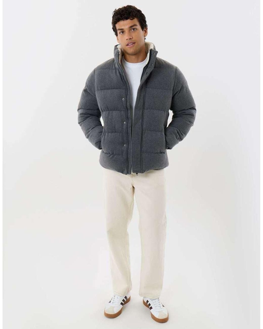 Threadbare Gray Brushed Funnel Neck Puffer Coat for men