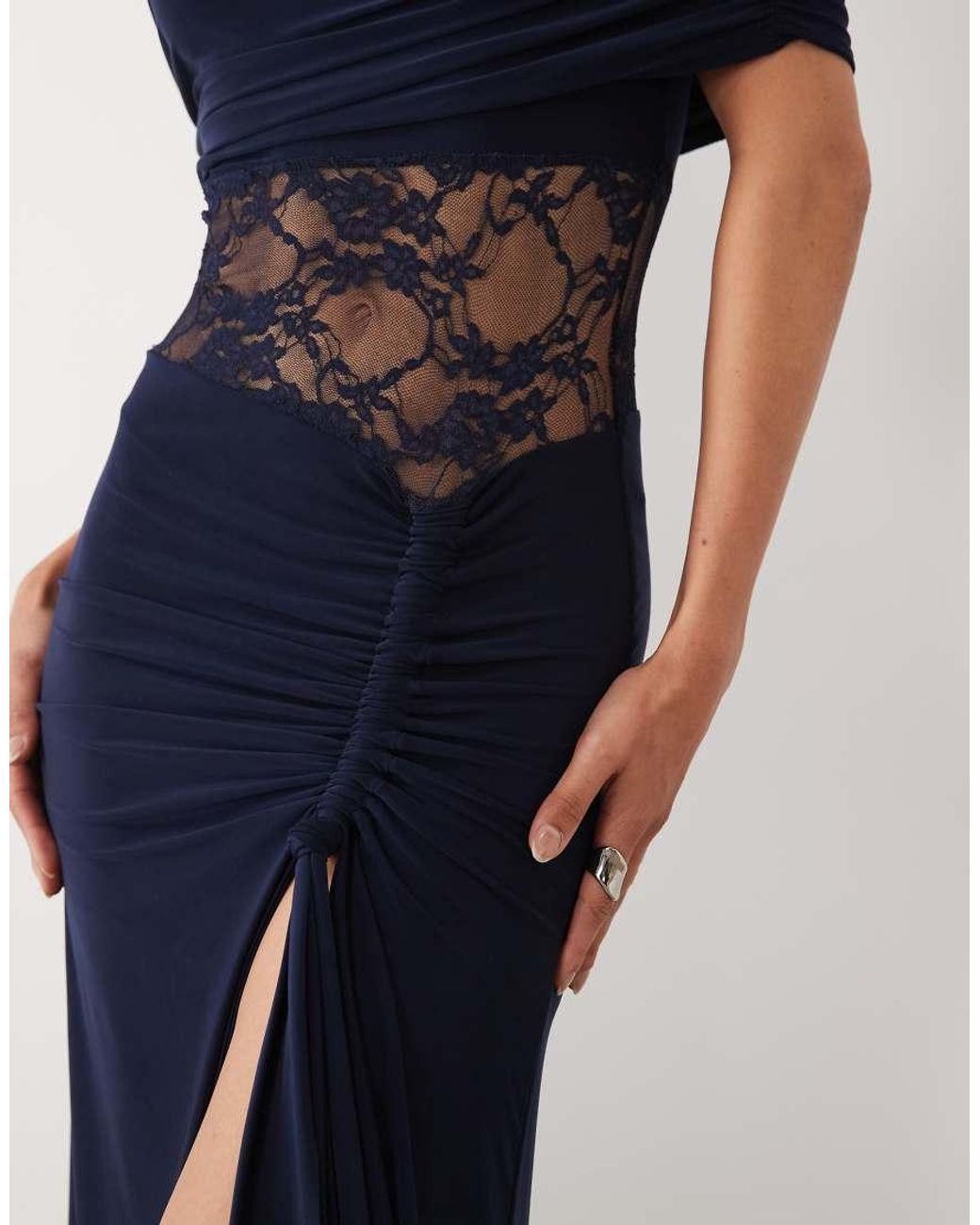 Kaiia Blue Exclusive Double Layered Slinky High Neck Cape Lace Insert Detail Thigh Split Maxi Dress