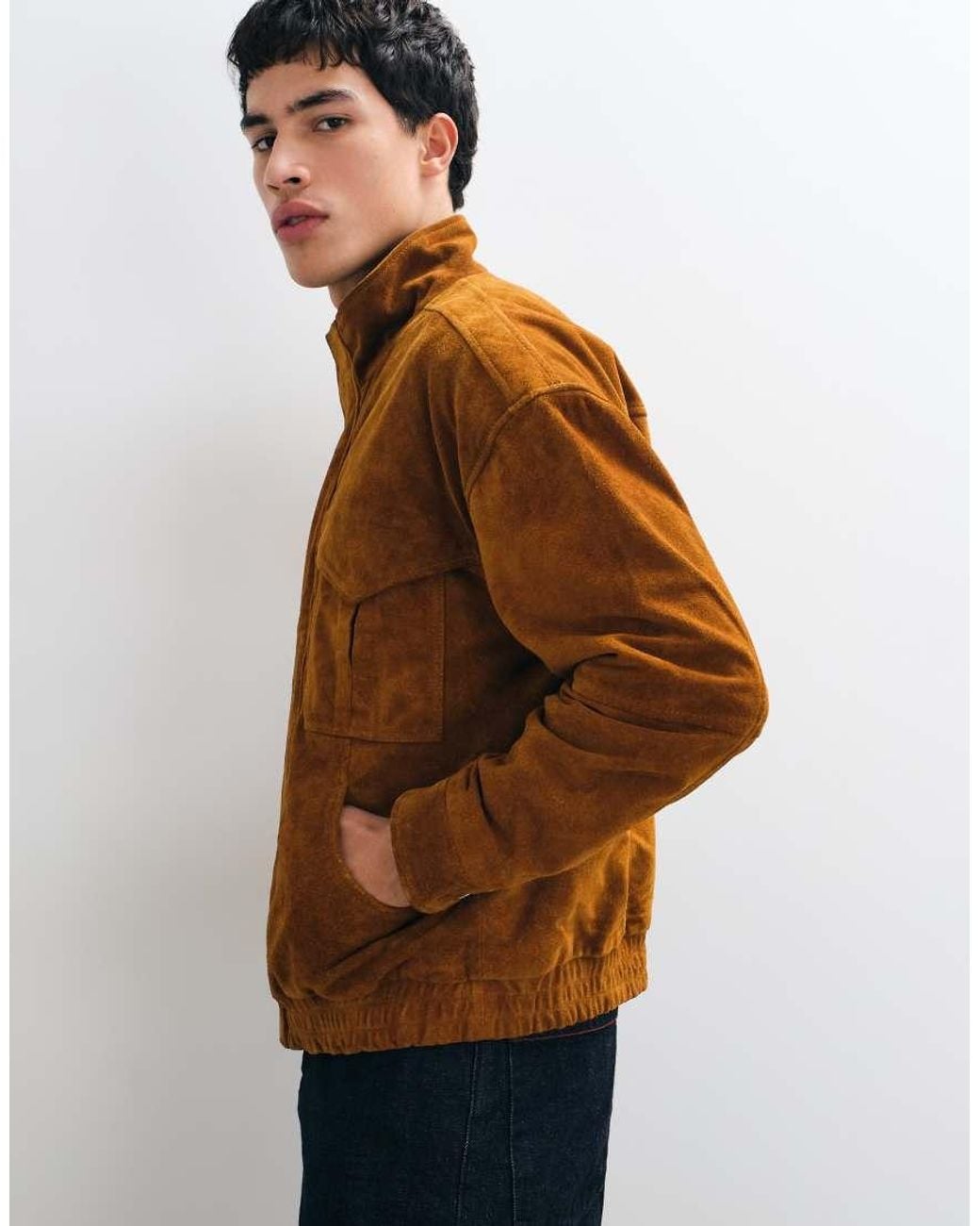 Barney's Originals Blue Real Suede Funnel Neck Bomber Jacket for men