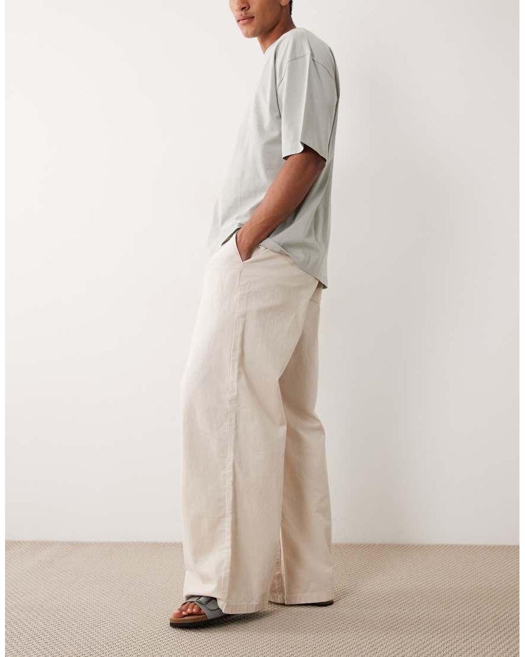 ASOS Natural Loose Linen Blend Trousers for men