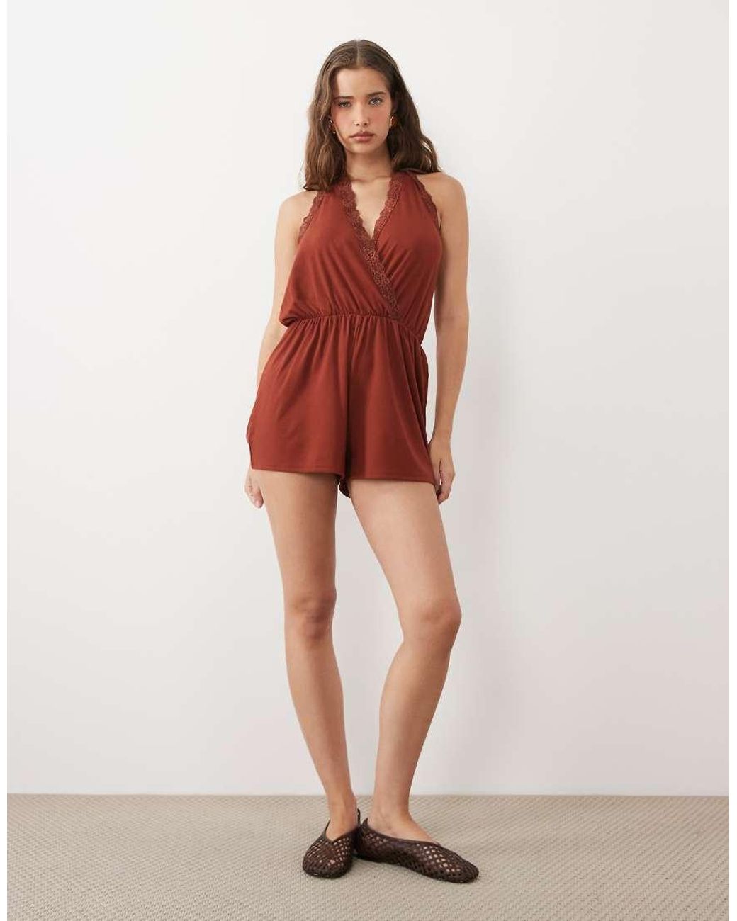 Miss Selfridge Red Wrap Playsuit With Scallop Lace Trim