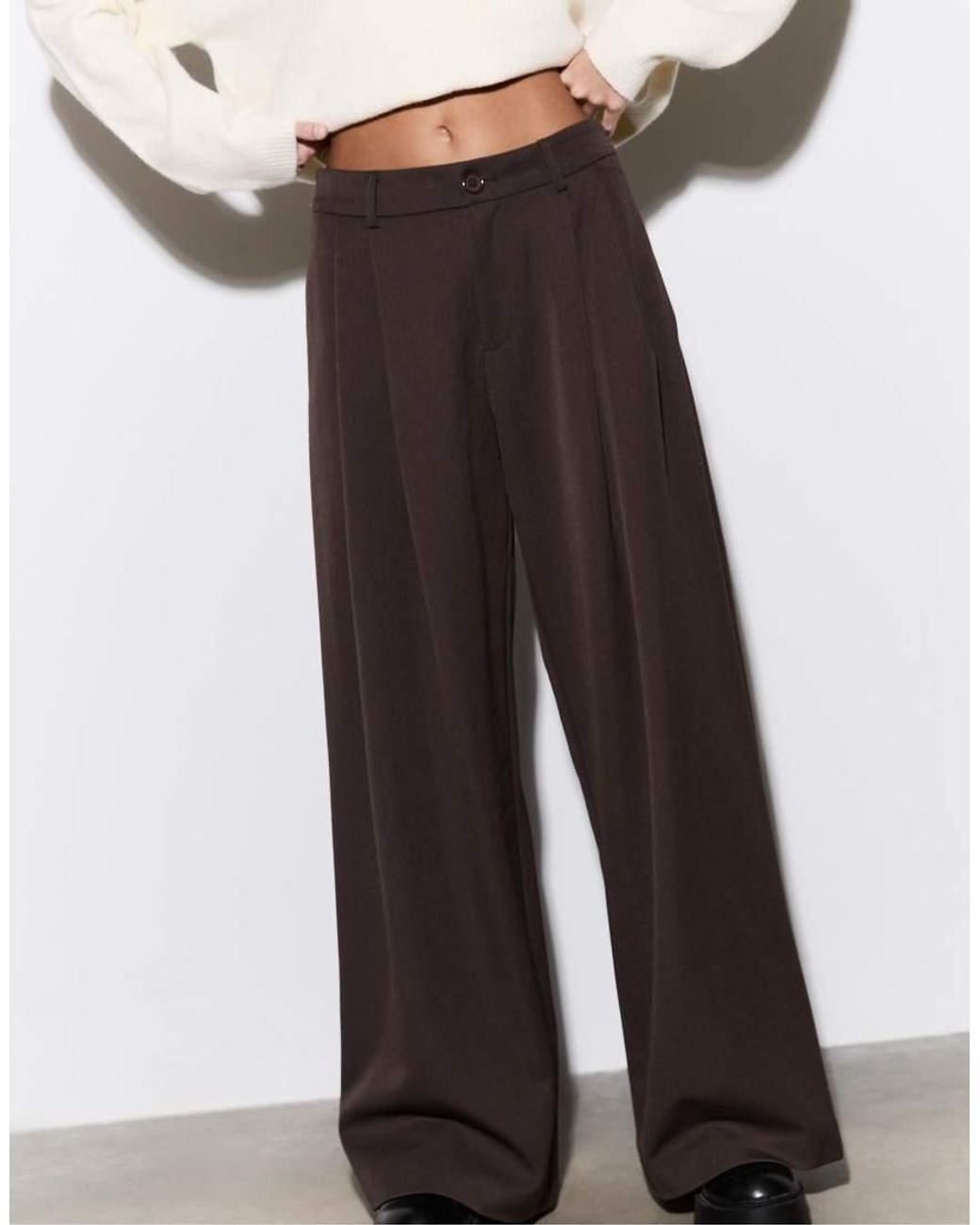 Stradivarius Brown Petite Wide Leg Smart Trousers With Darts