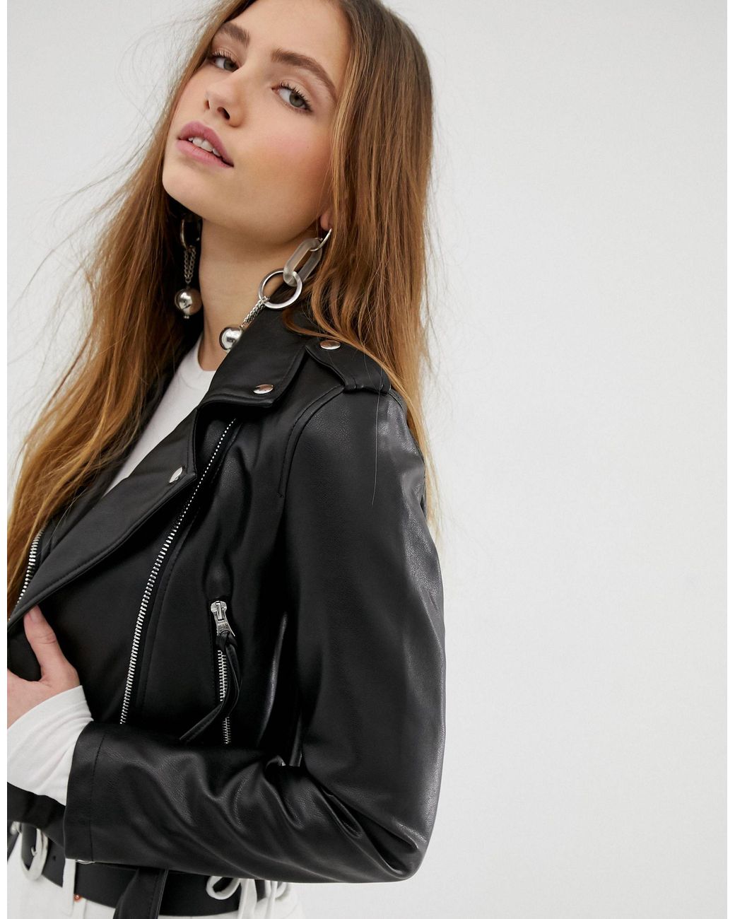 Bershka Denim Cropped Faux Leather Biker Jacket in Black | Lyst