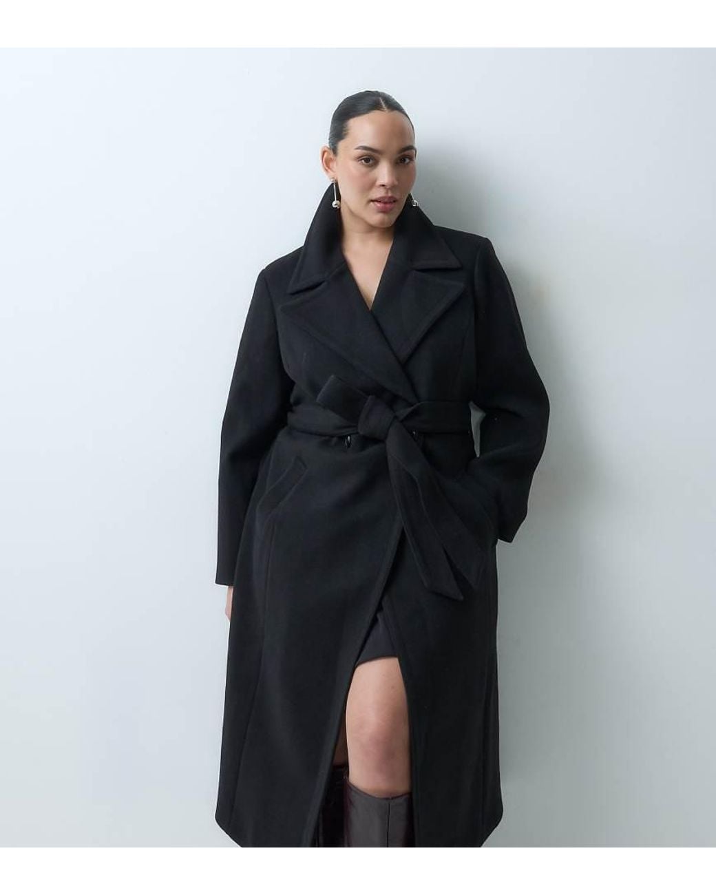 Forever New Black Wool Feel Belted Structured Coat