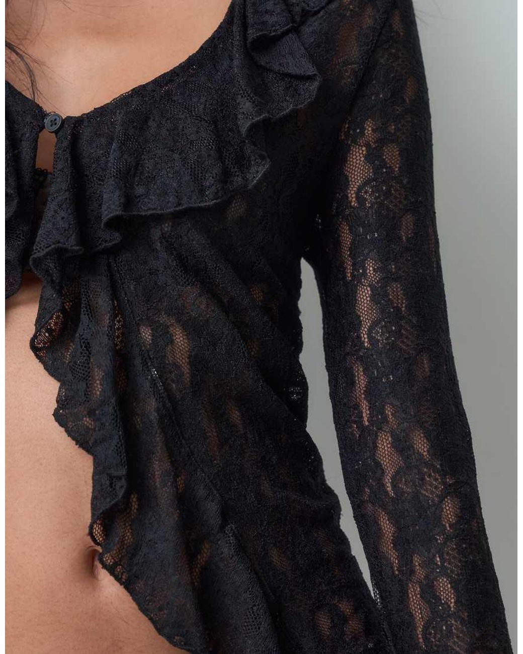 Miss Selfridge Black Long Sleeve Lace Top With Ruffles