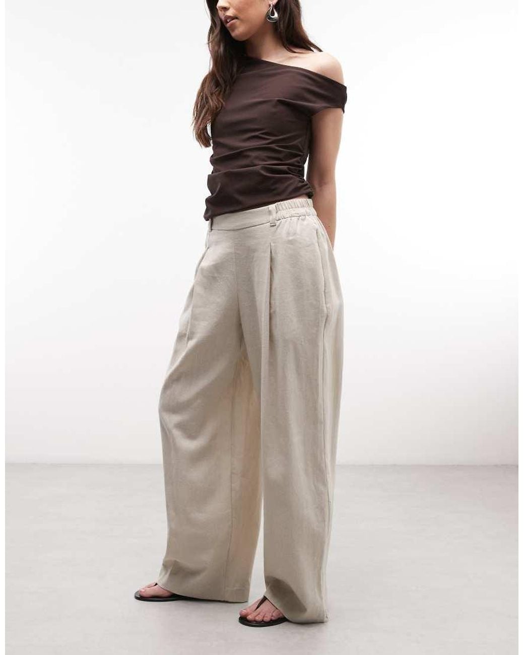 River Island Brown Linen Blend Elasticated Waist Wide Leg Trouser