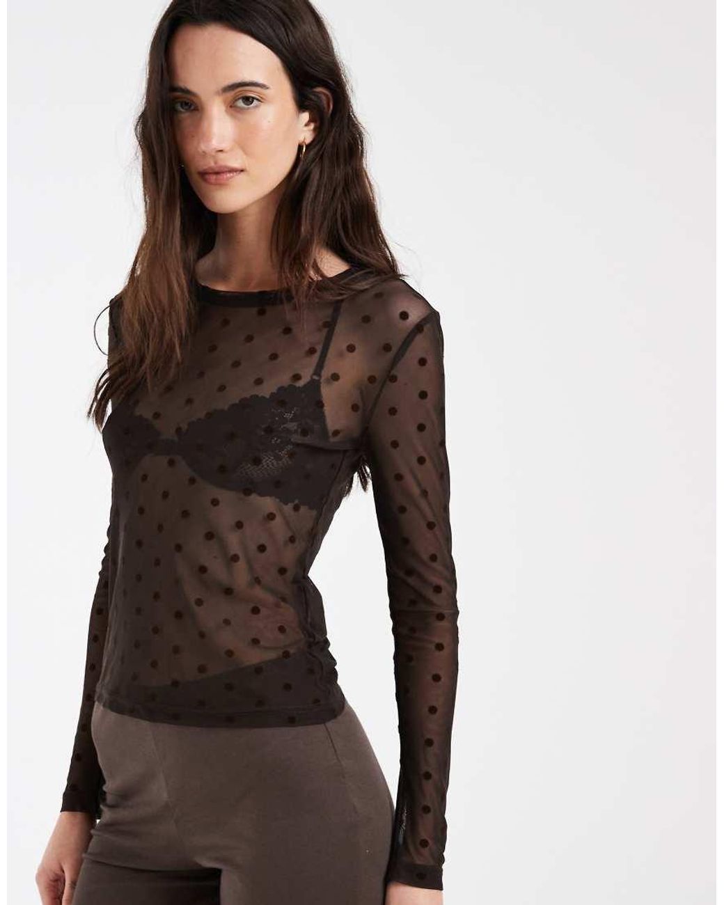 Vero Moda Brown Sheer Long Sleeve Mesh Top